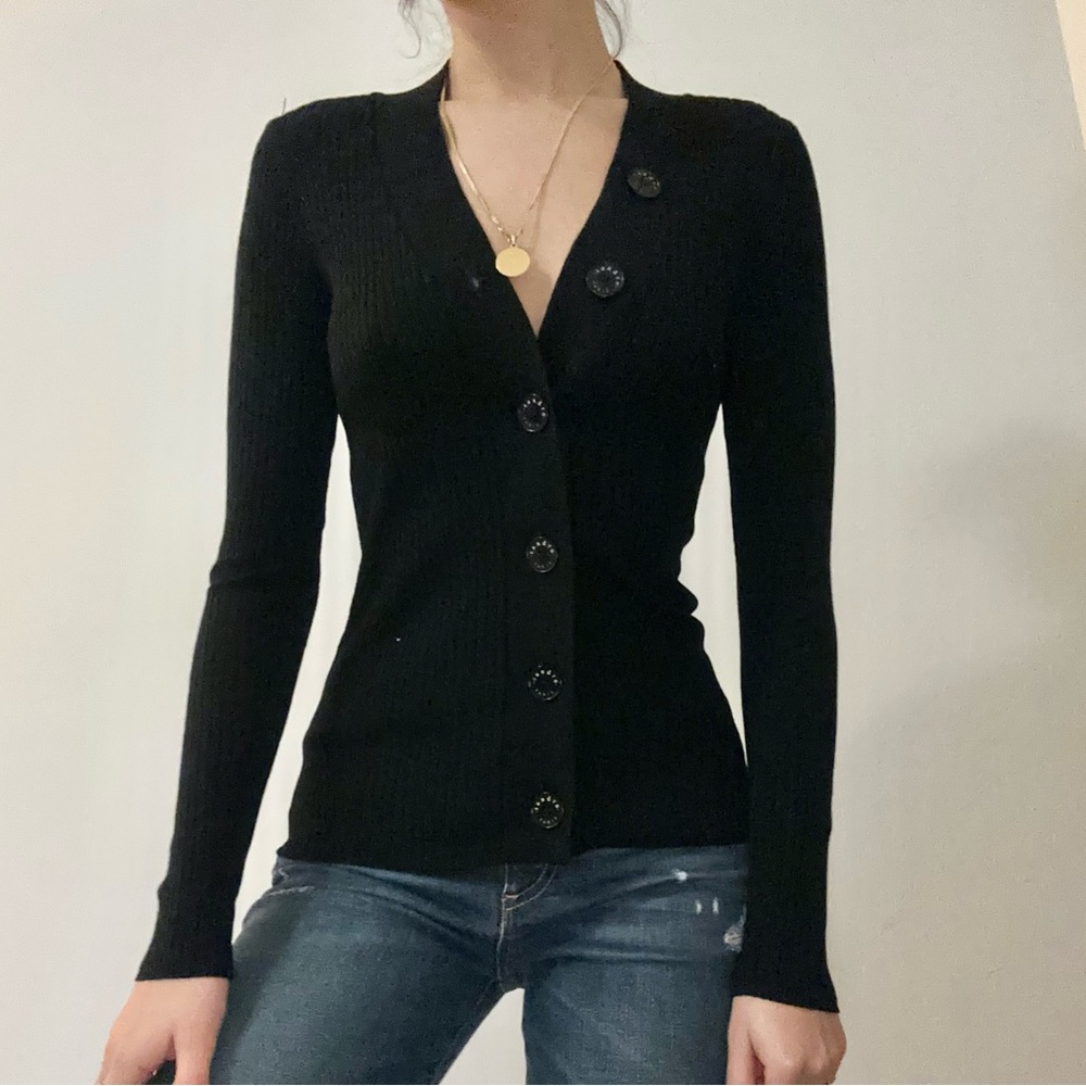 Sandro Women’s Gabrielle Ribbed knit Black Cardigan Stretchy Button V-neck Small